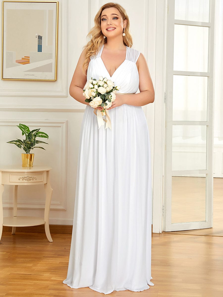 Custom Size V-Neck Sleeveless Beaded Belt Chiffon A-Line Evening Dress #color_White