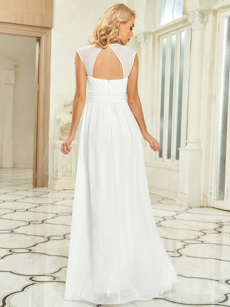 V-Neck Sleeveless Beaded Belt Chiffon A-Line Evening Dress #color_White 