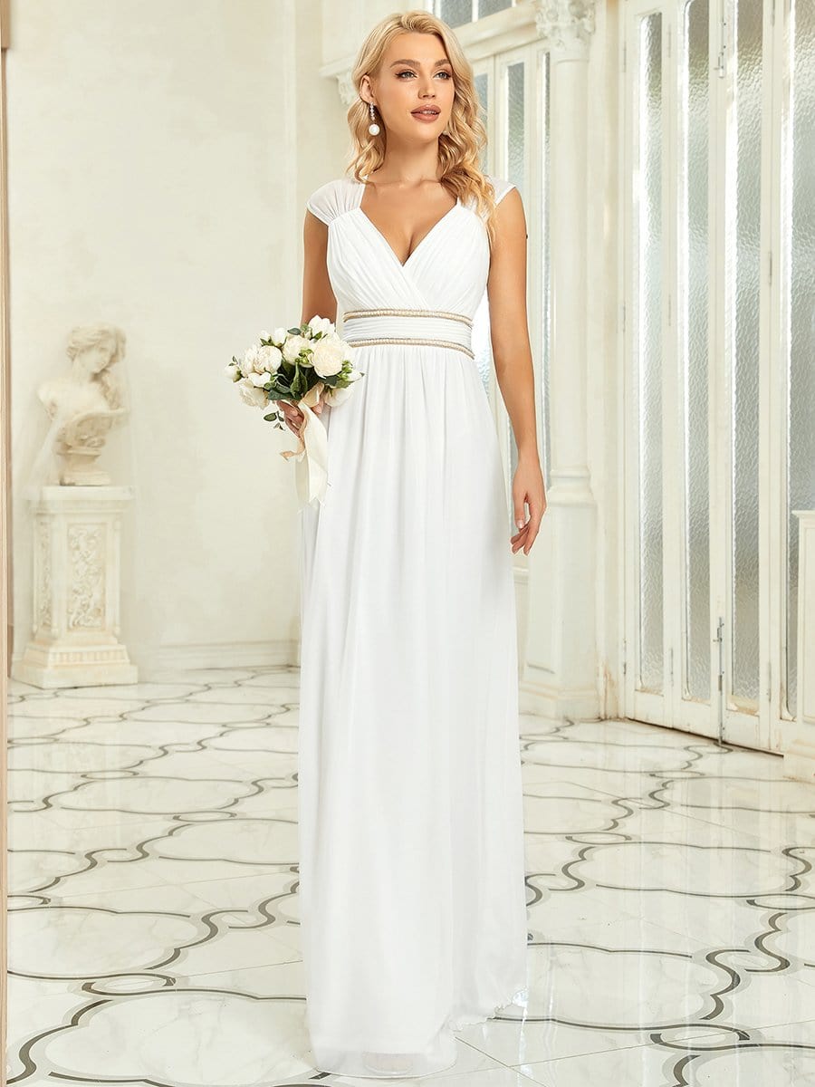 V-Neck Sleeveless Beaded Belt Chiffon A-Line Evening Dress #color_White 