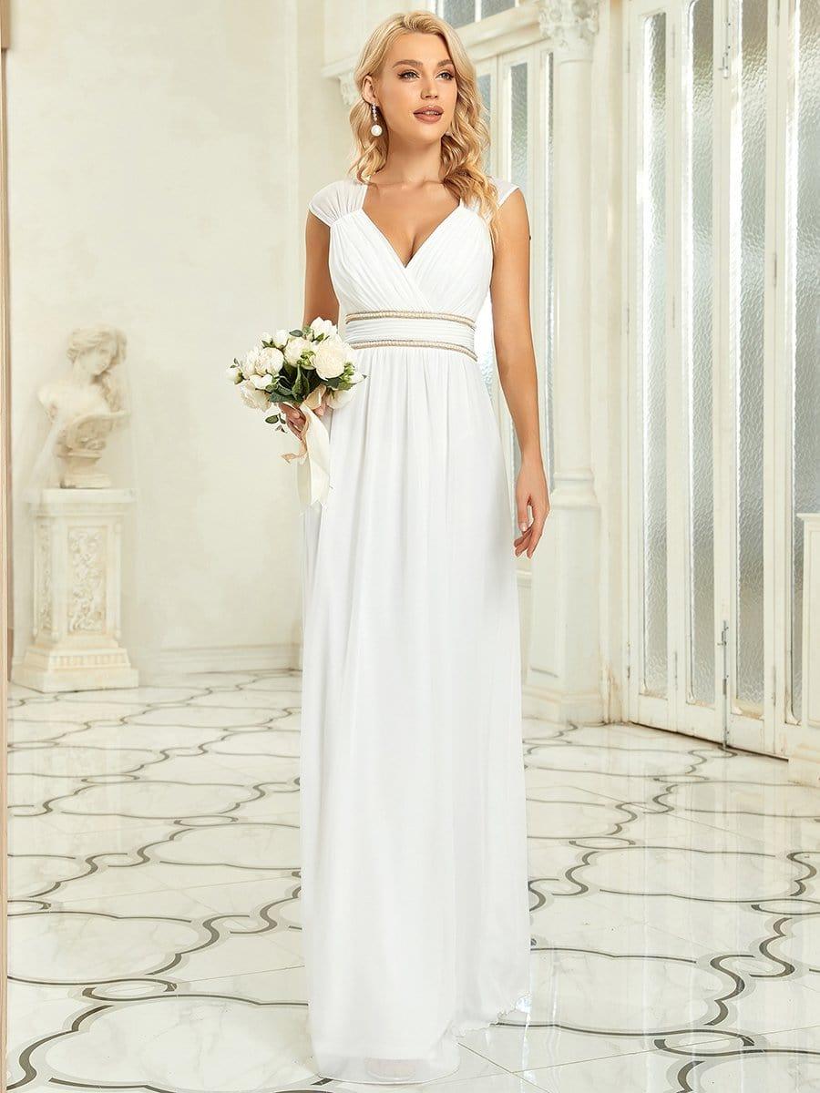 V-Neck Sleeveless Beaded Belt Chiffon A-Line Evening Dress #color_White 