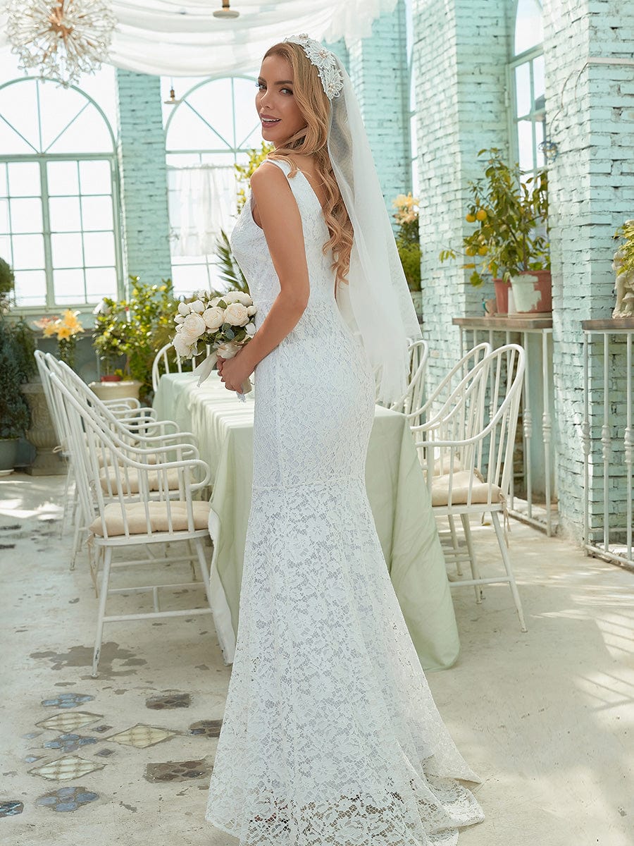 Custom Size Dainty Deep V Neck Sleeveless Fishtail Lace Wedding Dress #color_White 