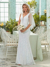 Dainty Deep V Neck Sleeveless Fishtail Lace Wedding Dress #color_White 