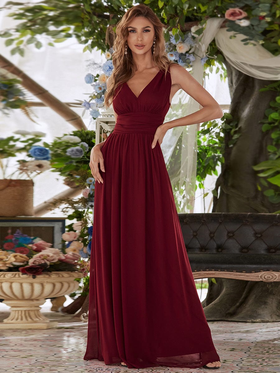Sleeveless V-Neck Plain Maxi Chiffon Bridesmaid Dress #color_Burgundy