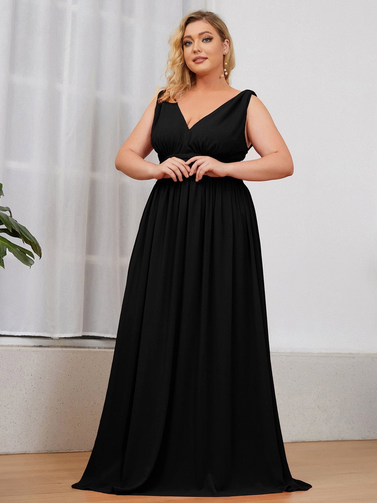 Custom Size Chiffon Sleeveless V-Neck Maxi Bridesmaid Dress #color_Black
