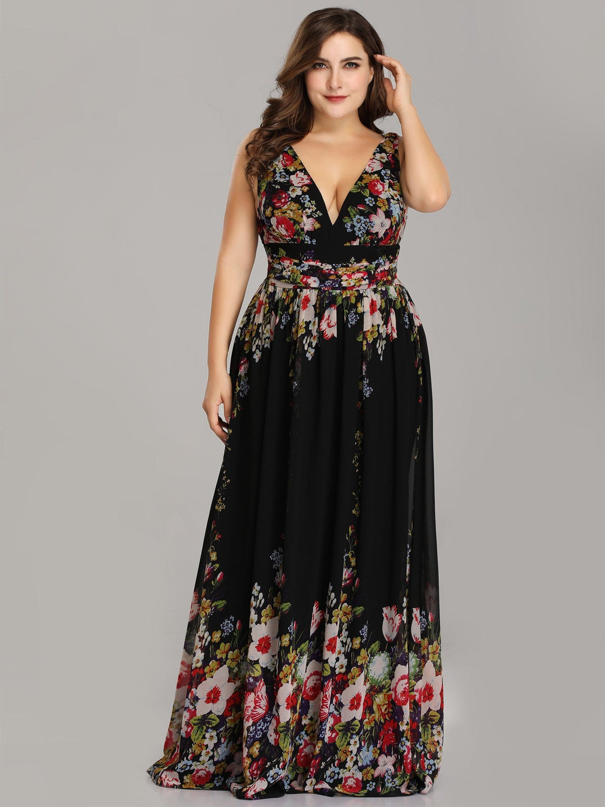 Custom Size Chiffon Sleeveless V-Neck Maxi Bridesmaid Dress #color_Black and Printed