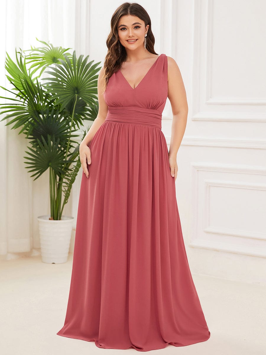 Custom Size Chiffon Sleeveless V-Neck Maxi Bridesmaid Dress #color_Cameo Brown