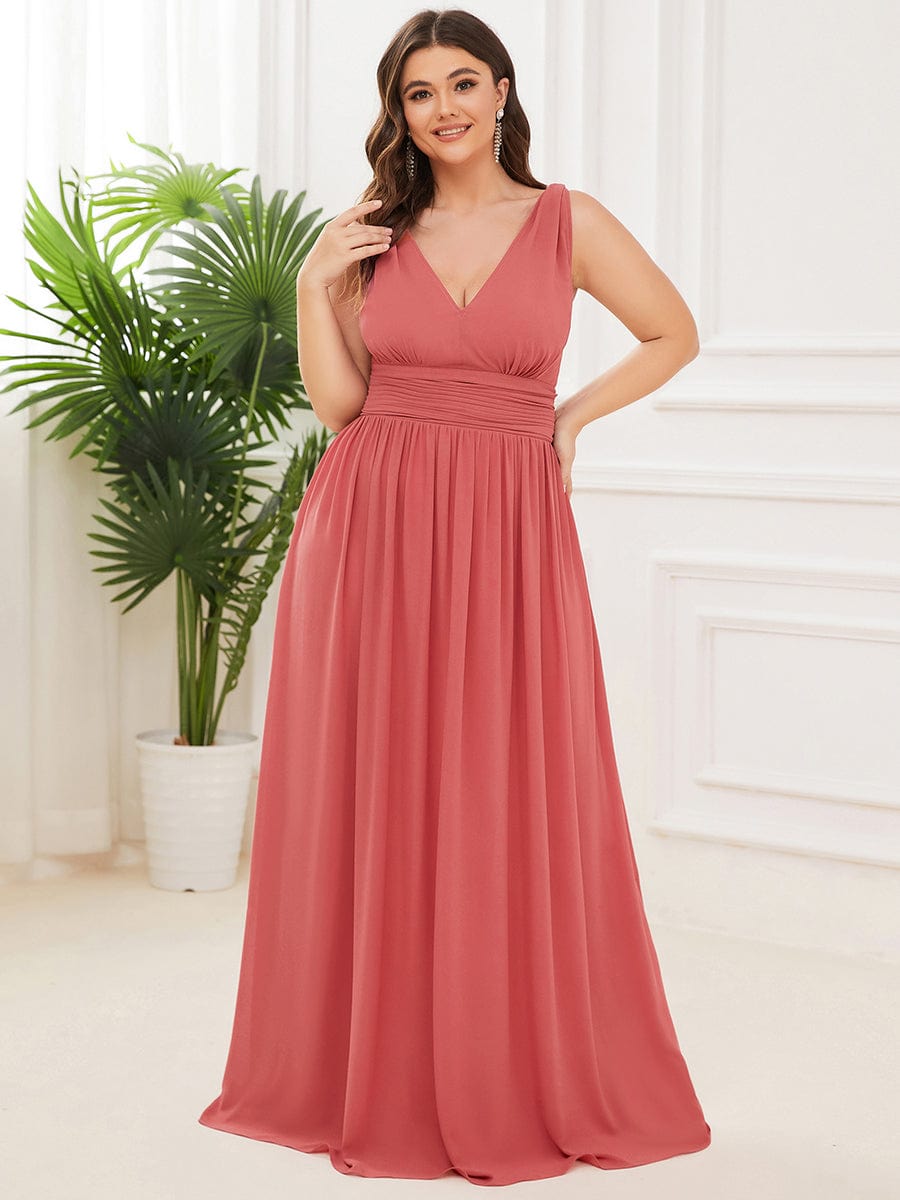 Custom Size Chiffon Sleeveless V-Neck Maxi Bridesmaid Dress #color_Coral