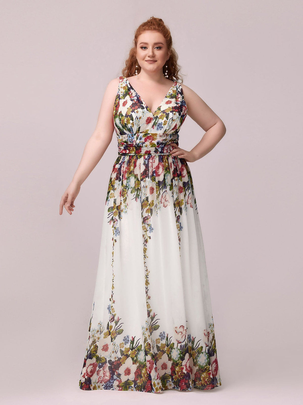 Custom Size Chiffon Sleeveless V-Neck Maxi Bridesmaid Dress #color_Printed Cream