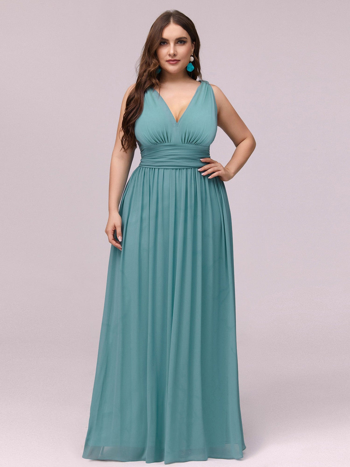Custom Size Chiffon Sleeveless V-Neck Maxi Bridesmaid Dress #color_Dusty Blue