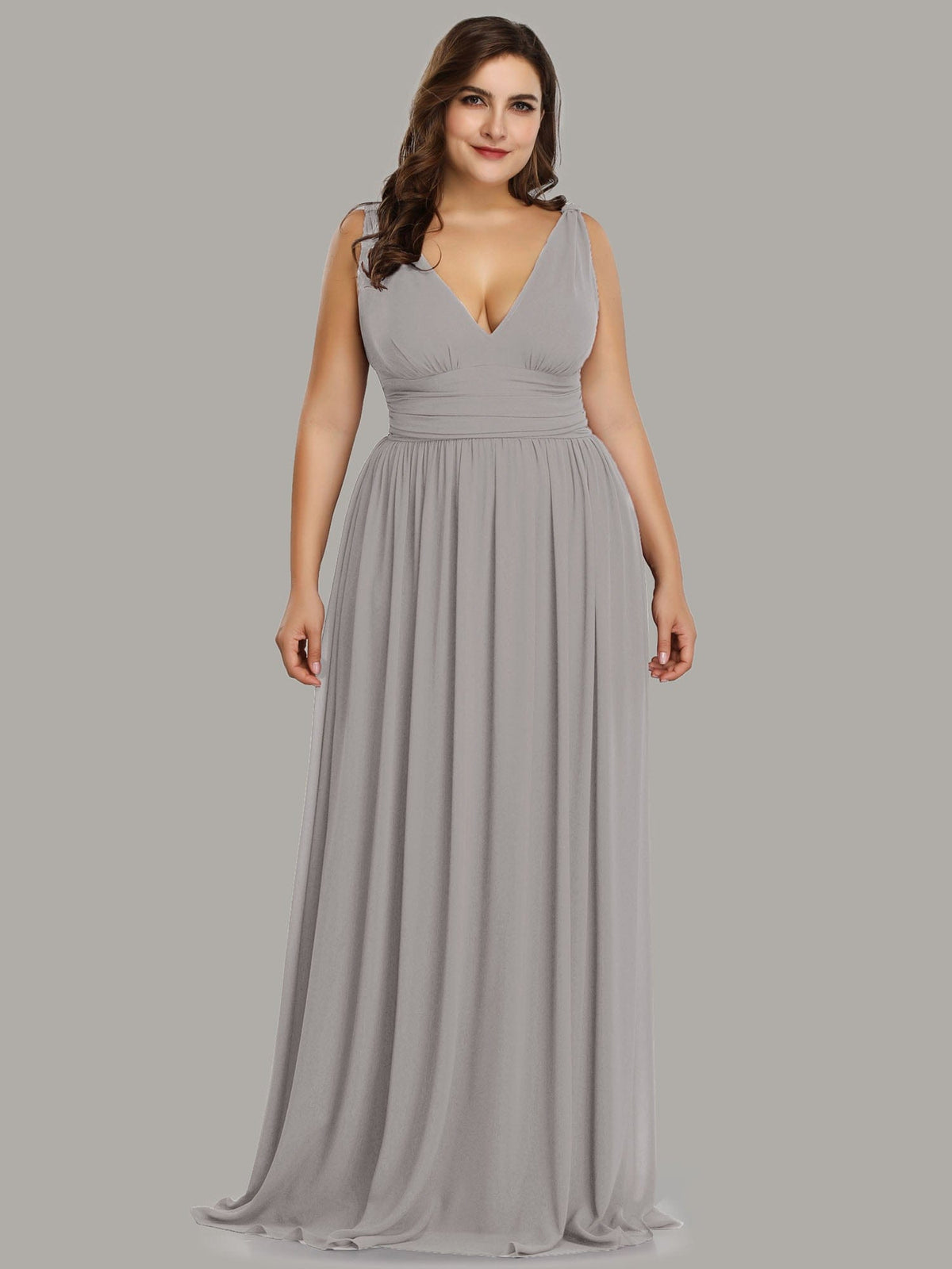 Custom Size Chiffon Sleeveless V-Neck Maxi Bridesmaid Dress #color_Grey