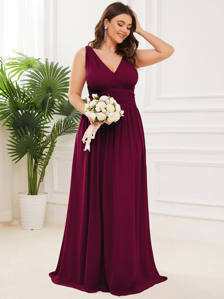 Custom Size Chiffon Sleeveless V-Neck Maxi Bridesmaid Dress #color_Mulberry