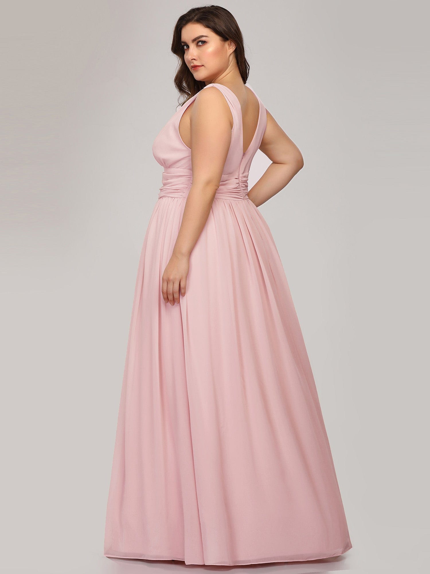 Custom Size Chiffon Sleeveless V-Neck Maxi Bridesmaid Dress #color_Pink