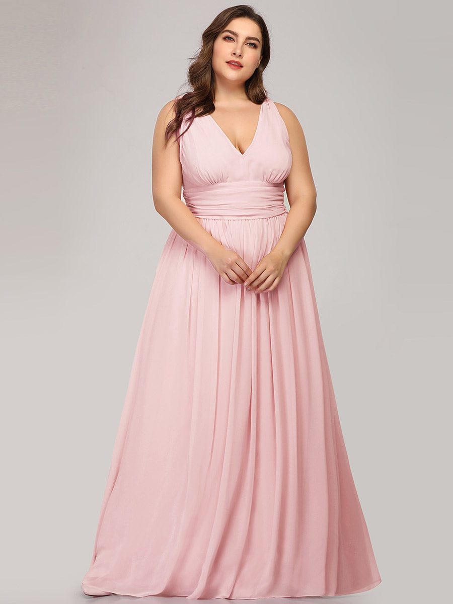Plus Size Sleeveless V-Neck Semi-Formal Chiffon Bridesmaid Dress #color_Pink