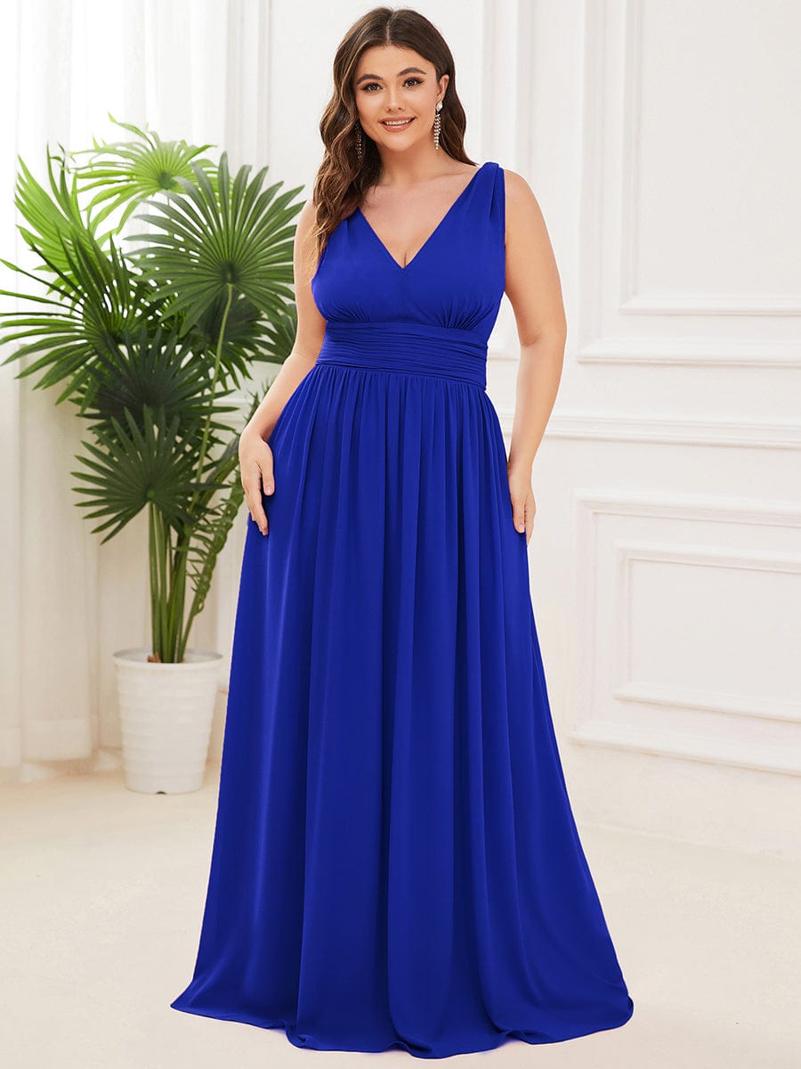 Custom Size Chiffon Sleeveless V-Neck Maxi Bridesmaid Dress #color_Sapphire Blue