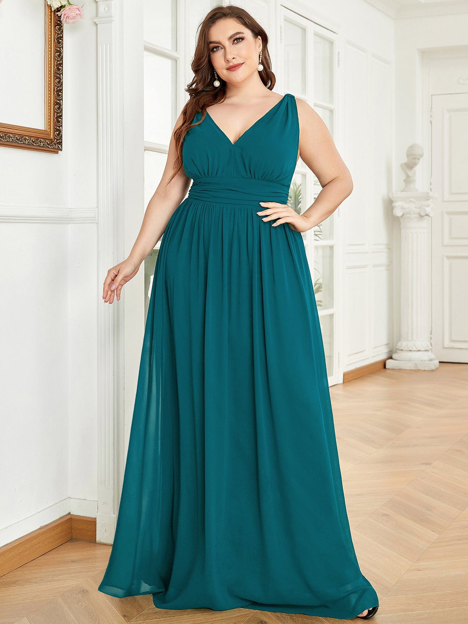 Custom Size Chiffon Sleeveless V-Neck Maxi Bridesmaid Dress #color_Teal