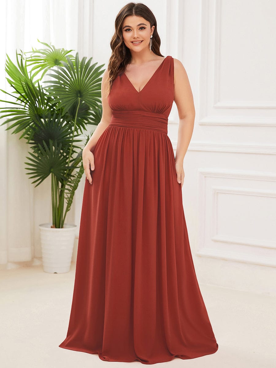 Custom Size Chiffon Sleeveless V-Neck Maxi Bridesmaid Dress #color_Vermilion