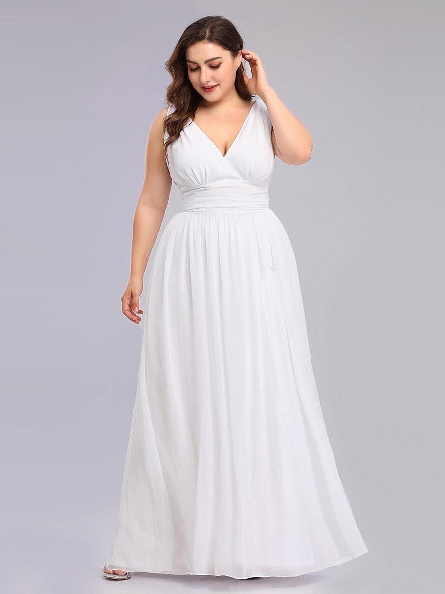 Plus Size Sleeveless V-Neck Semi-Formal Chiffon Bridesmaid Dress #color_White