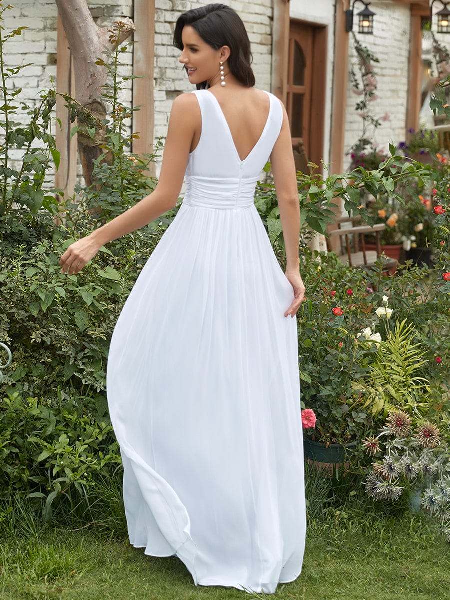 Custom Size V Neck Sleeveless Pleated Chiffon Wedding Dress #color_White