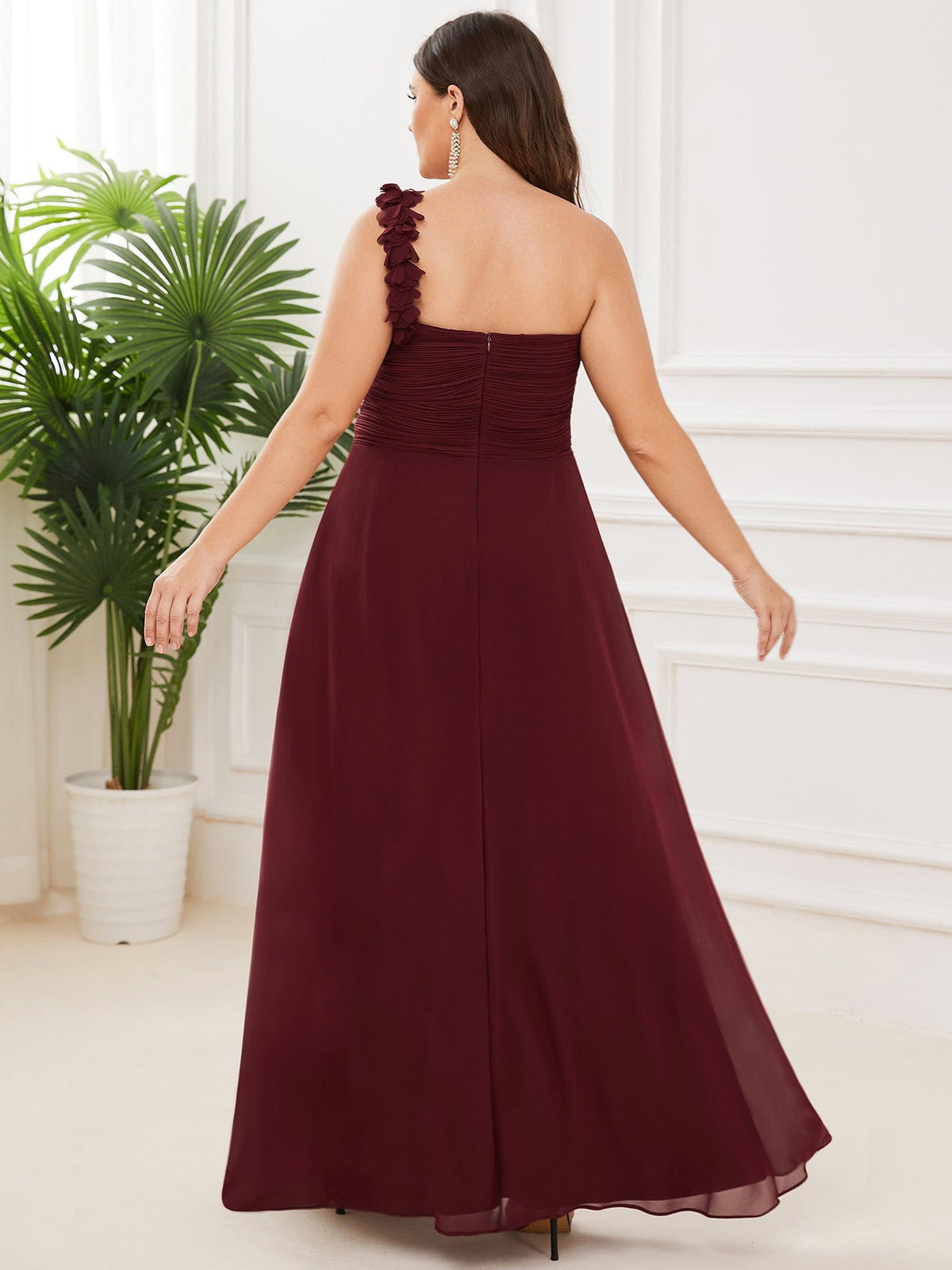 Custom Size Chiffon Sweetheart Pleated One Shoulder Bridesmaid Dress #color_Burgundy