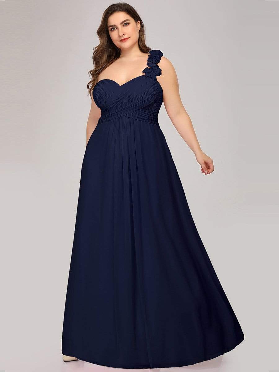 Plus Size One Shoulder Long Chiffon Bridesmaid Dress #color_Navy Blue