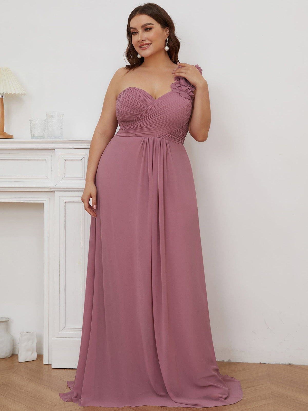 Custom Size Chiffon Sweetheart Pleated One Shoulder Bridesmaid Dress #color_Purple Orchid