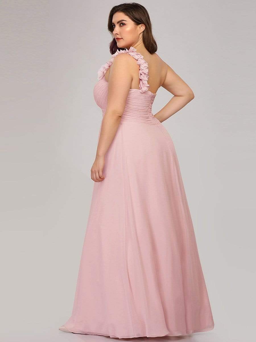Plus Size One Shoulder Long Chiffon Bridesmaid Dress #color_Pink
