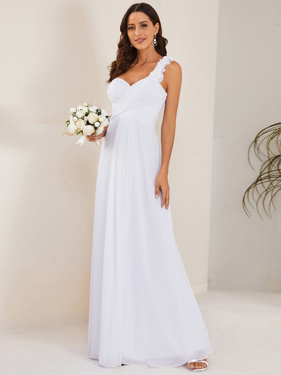 Sweet Pleated Bodice One Shoulder Chiffon Bridesmaid Dress #color_White