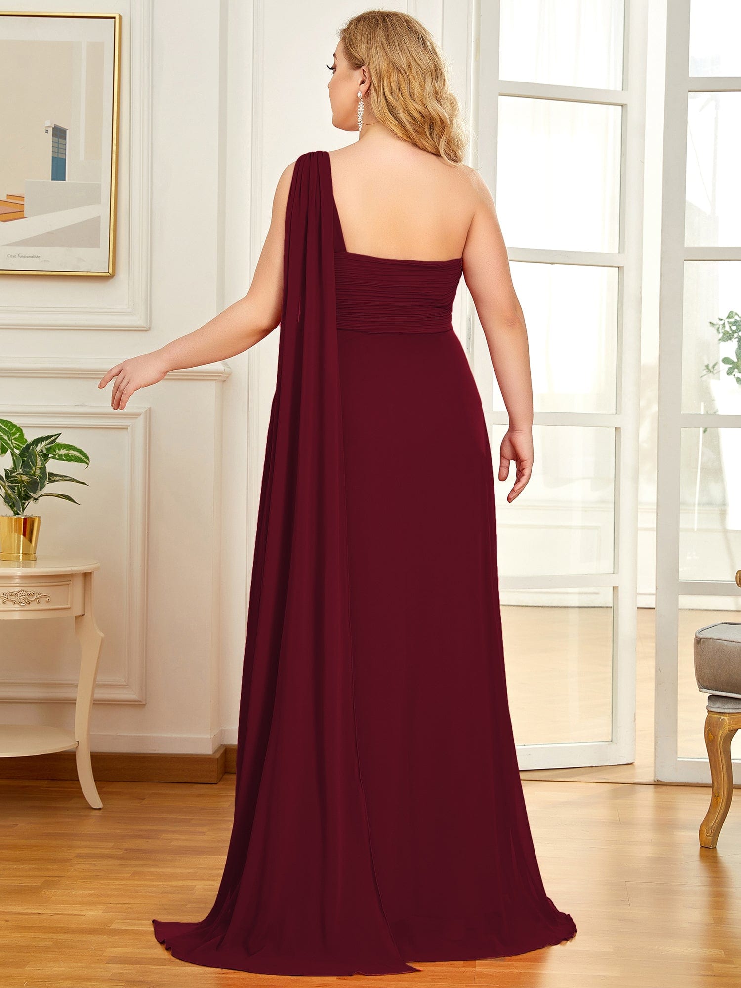 Custom Size Pleated One Shoulder Long Chiffon Evening Dress #color_Burgundy