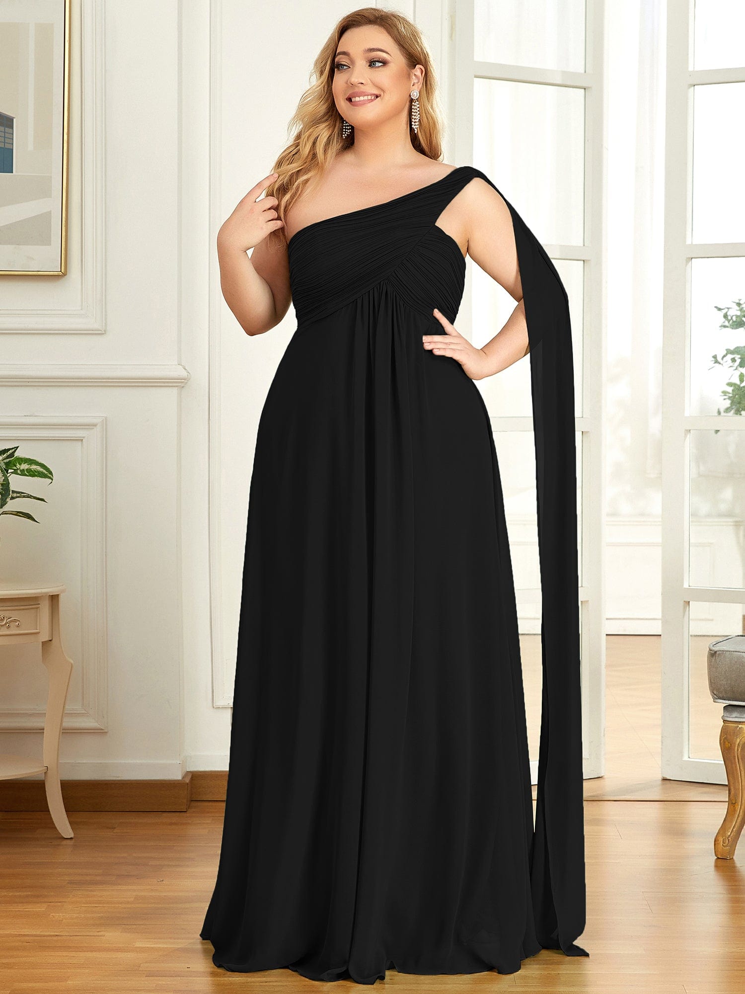Custom Size Pleated One Shoulder Long Chiffon Evening Dress #color_Black