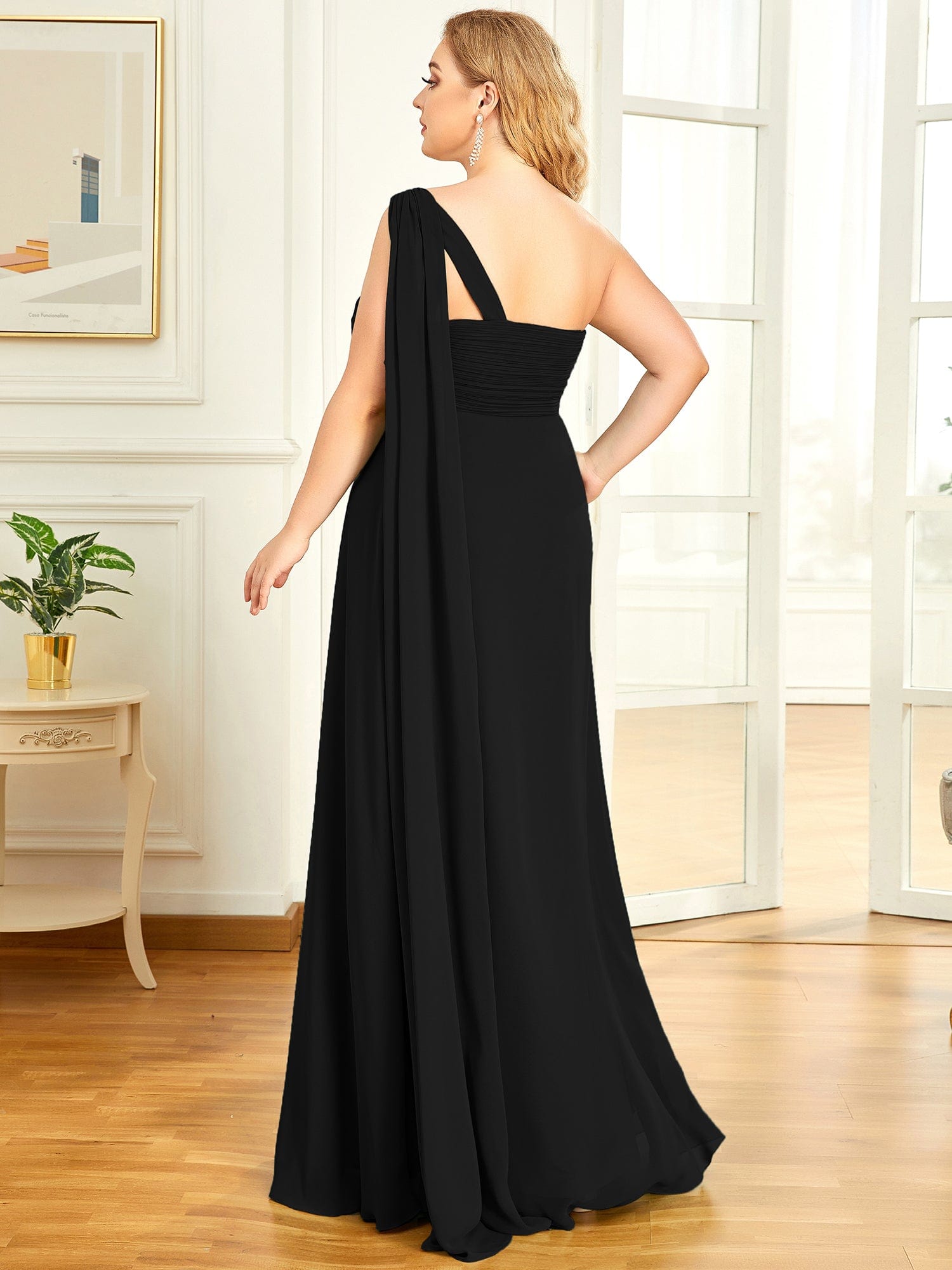 Custom Size Pleated One Shoulder Long Chiffon Evening Dress #color_Black