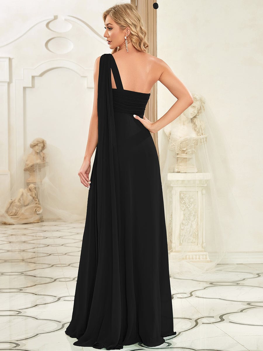 Pleated One Shoulder Long Chiffon Evening Dress #color_Black