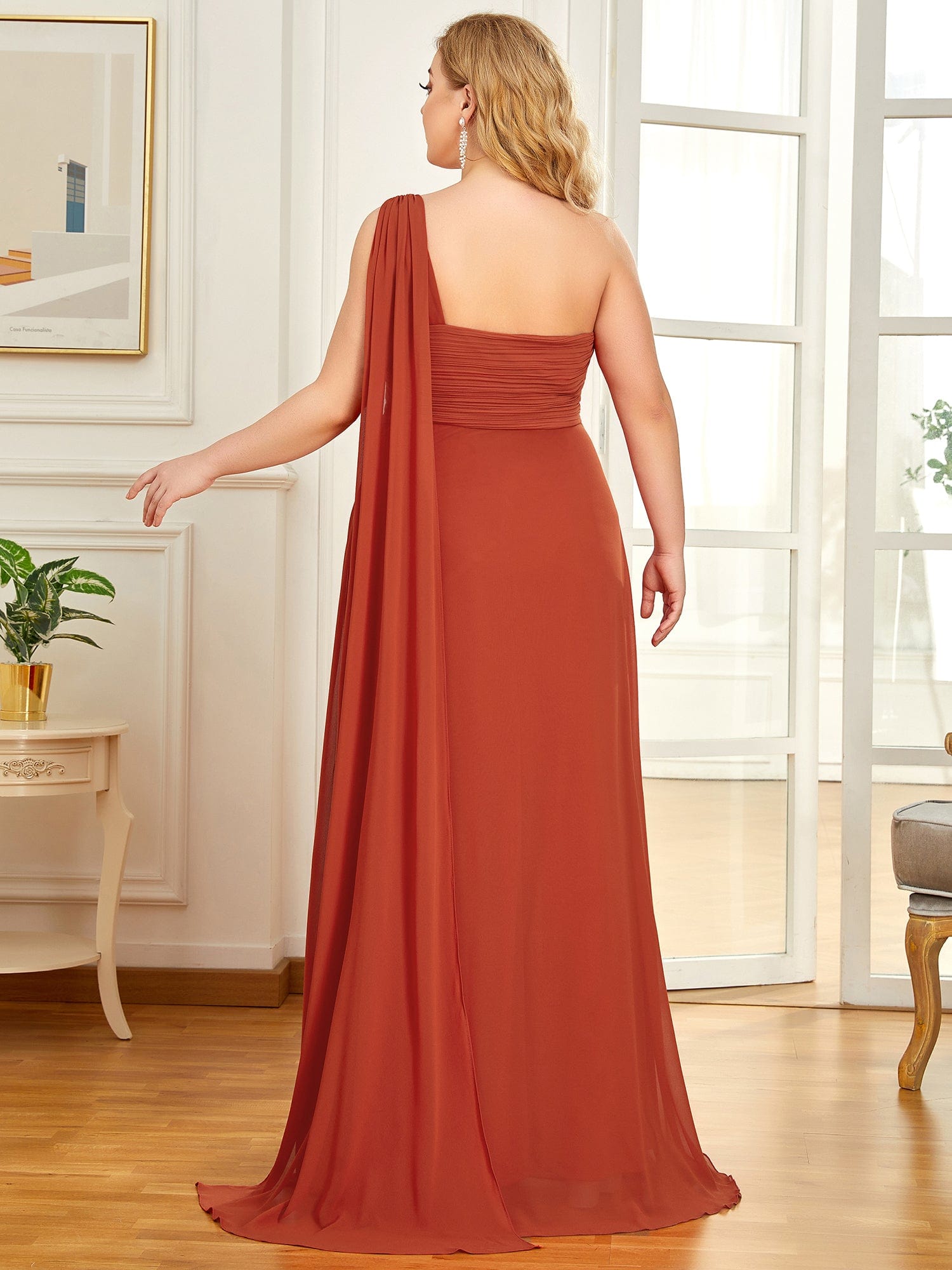 Custom Size Pleated One Shoulder Long Chiffon Evening Dress #color_Burnt Orange