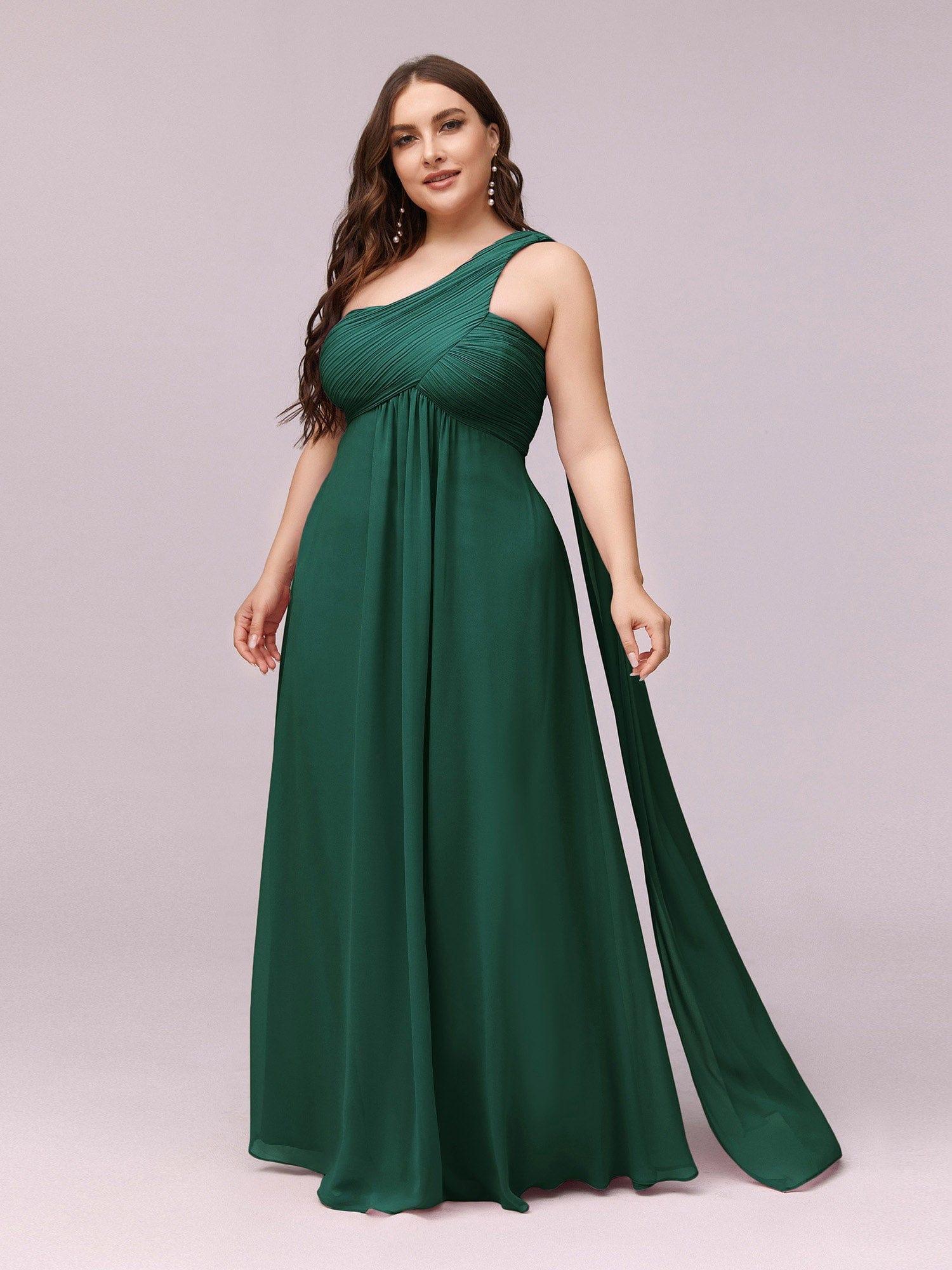 Custom Size Pleated One Shoulder Long Chiffon Evening Dress #color_Dark Green