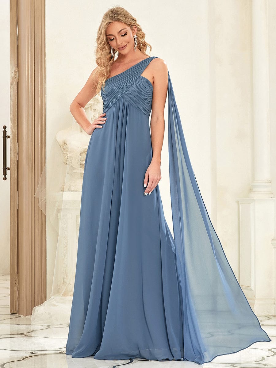 Pleated Chiffon One Shoulder Long Evening Dress #color_Dusty Navy