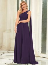 Pleated One Shoulder Long Chiffon Evening Dress #color_Dark Purple