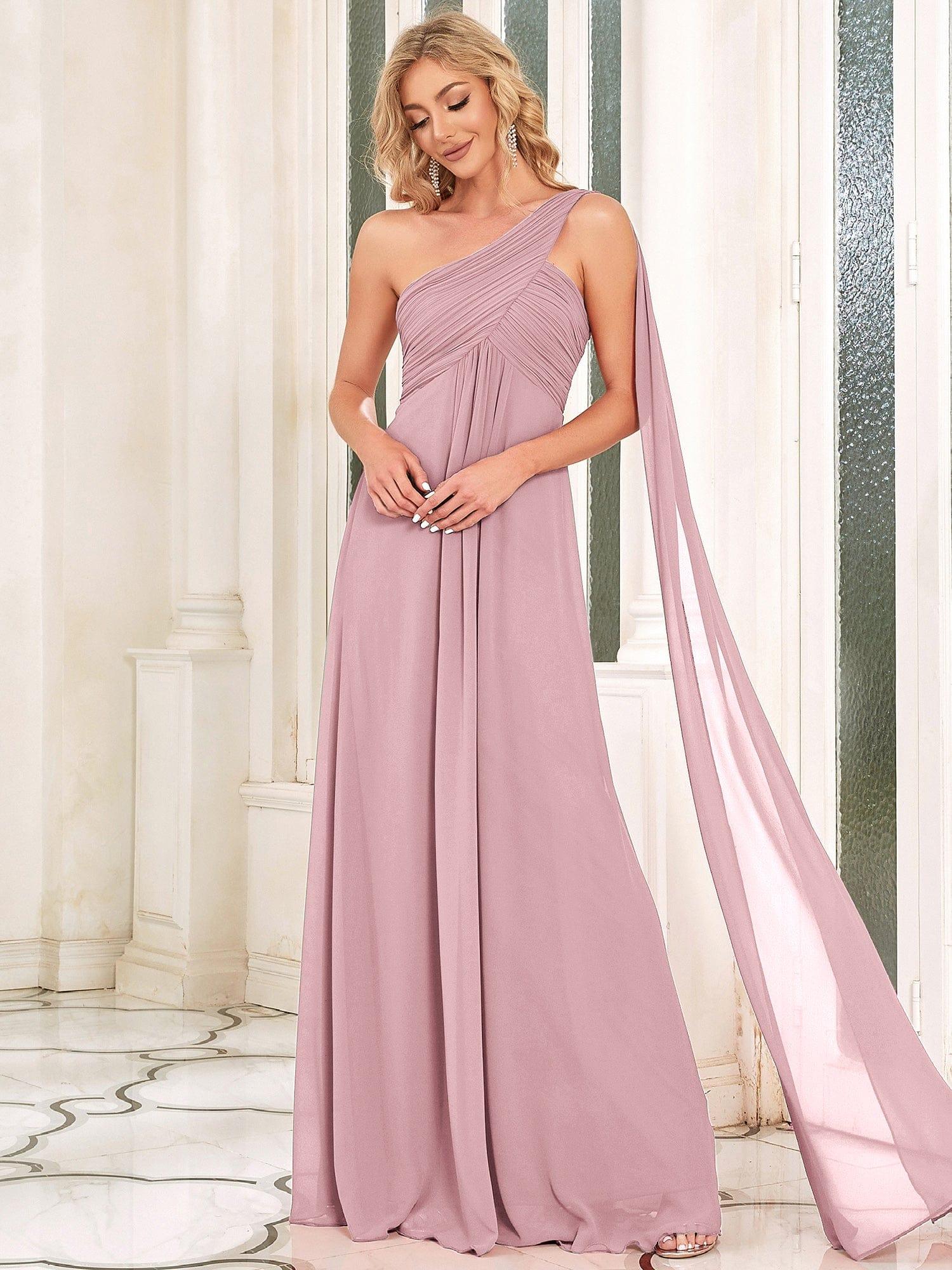 Custom Size Pleated One Shoulder Long Chiffon Evening Dress #color_Dusty Rose