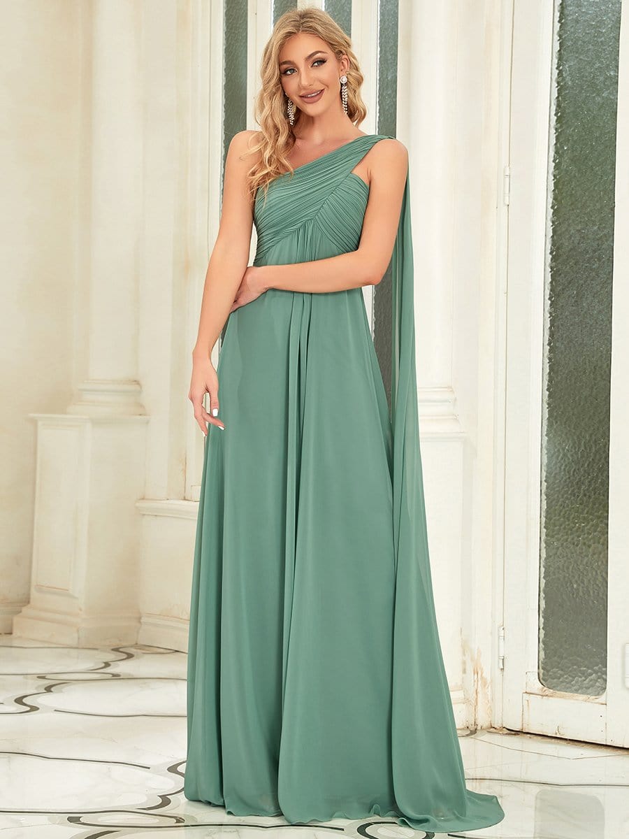 Pleated Chiffon One Shoulder Long Evening Dress #color_Green Bean 