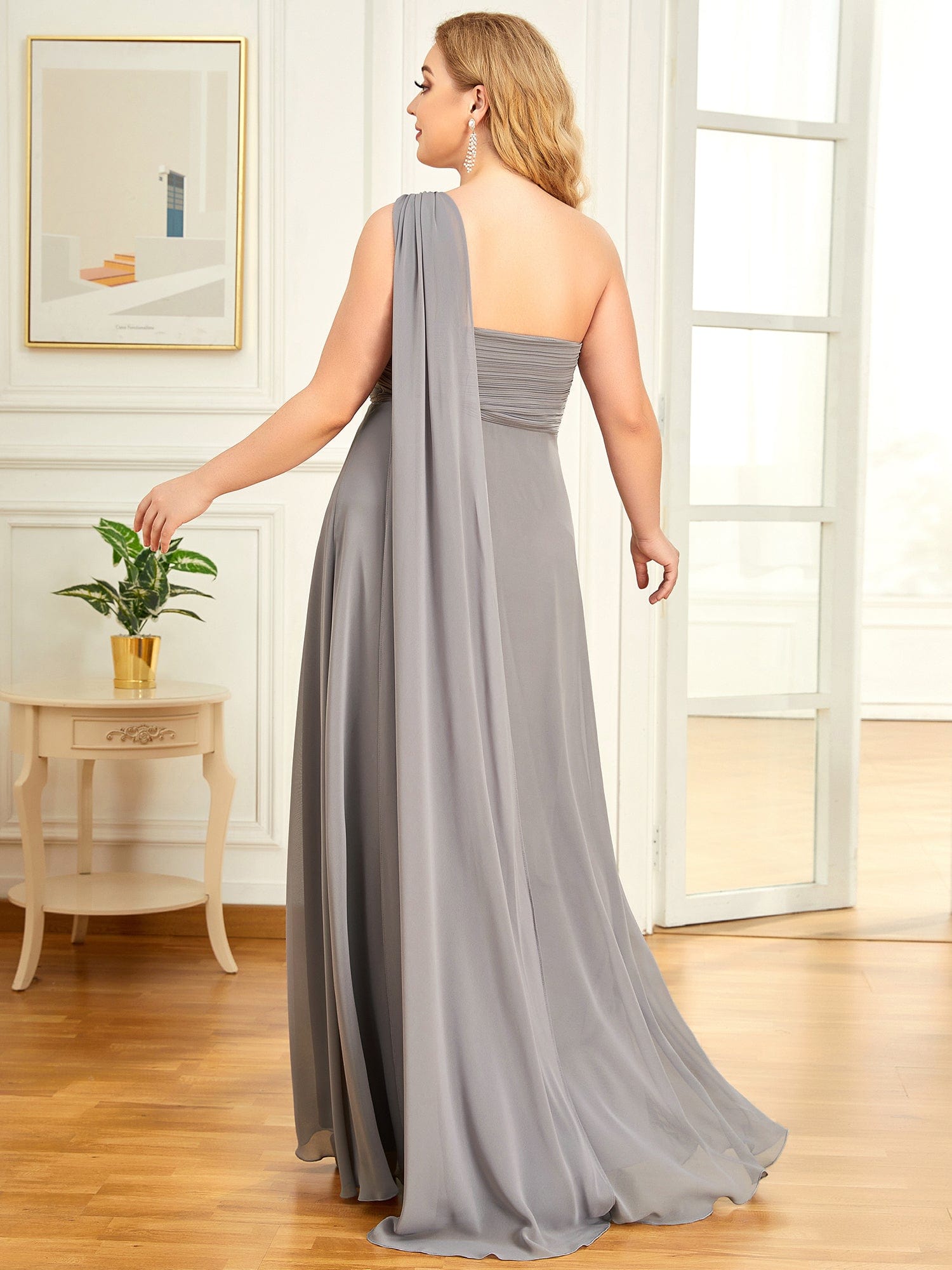 Custom Size Pleated One Shoulder Long Chiffon Evening Dress