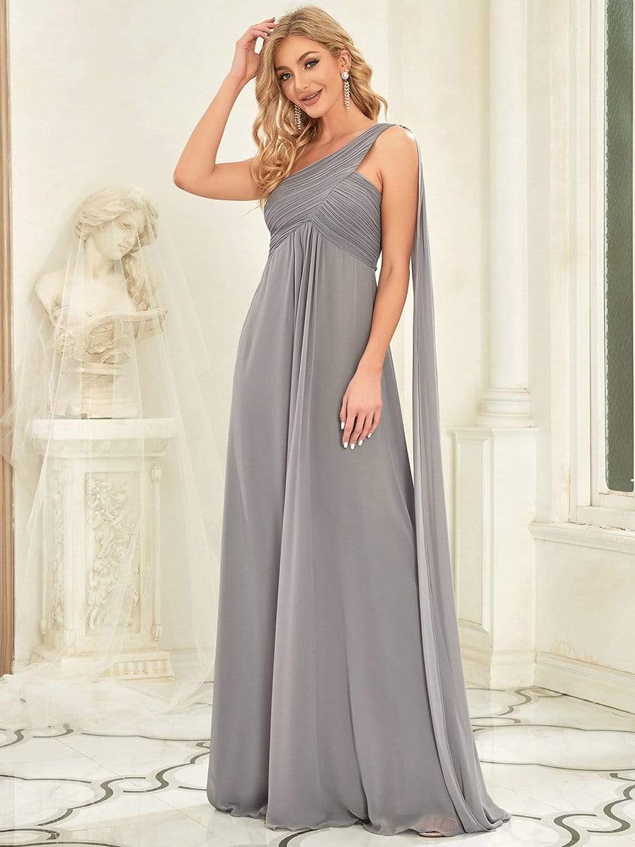 Pleated One Shoulder Long Chiffon Evening Dress #color_Grey 