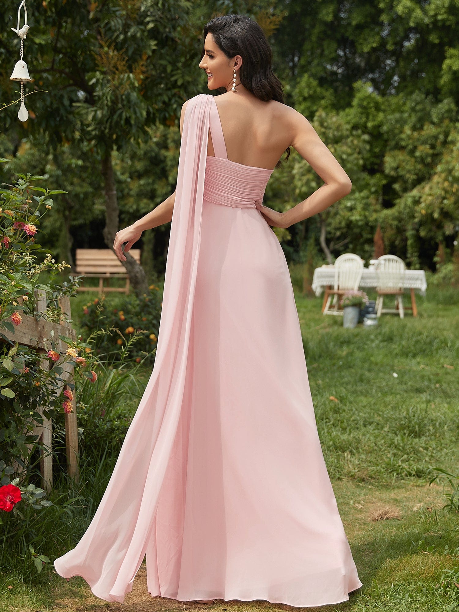 Custom Size Pleated One Shoulder Long Chiffon Evening Dress #color_Pink