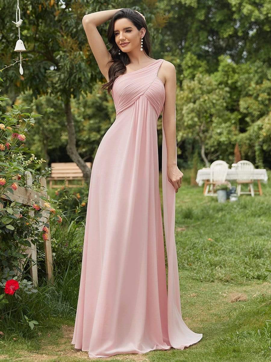 Pleated One Shoulder Long Chiffon Evening Dress #color_Pink 