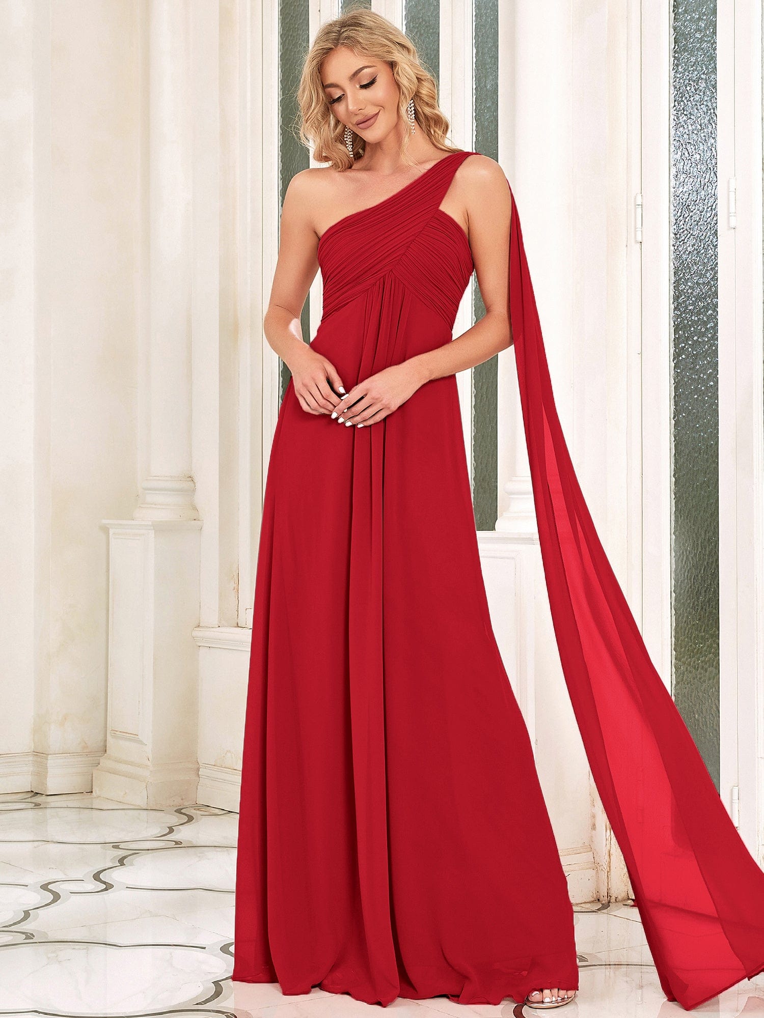 Custom Size Pleated One Shoulder Long Chiffon Evening Dress #color_Red
