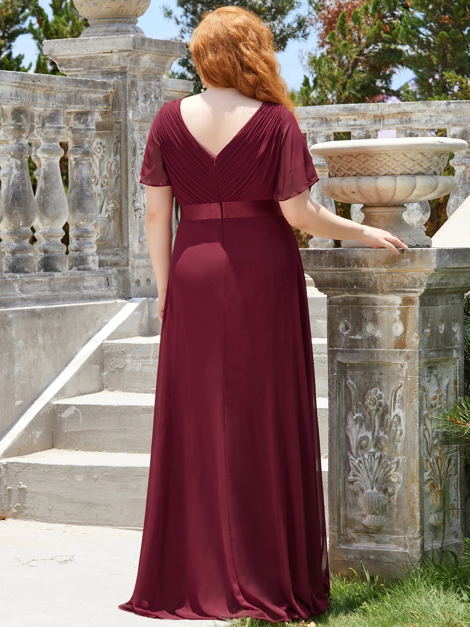 Custom Size Flutter Sleeves Chiffon Empire Waist Bridesmaid Dress #color_Burgundy