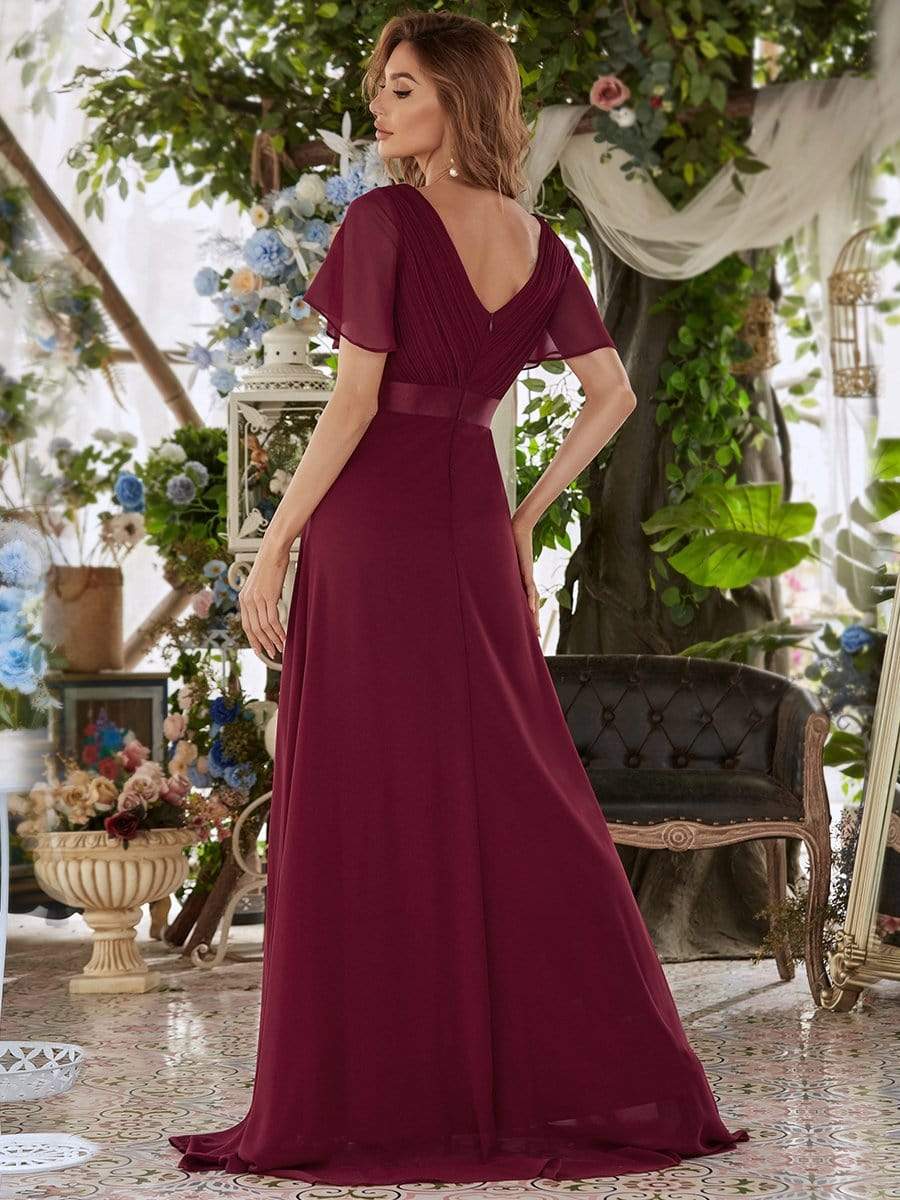 Long Chiffon Empire Waist Bridesmaid Dress with Short Flutter Sleeves #color_Burgundy