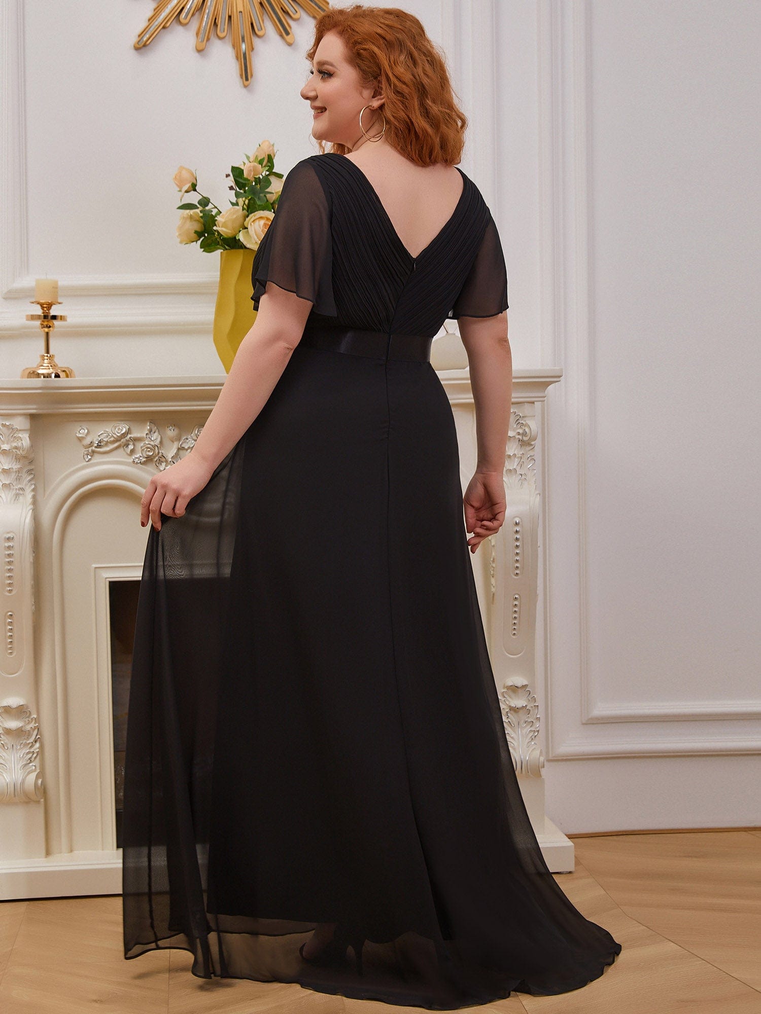 Custom Size Flutter Sleeves Chiffon Empire Waist Bridesmaid Dress #color_Black