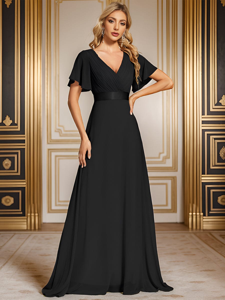 Long Chiffon Empire Waist Bridesmaid Dress with Short Flutter Sleeves #color_Black
