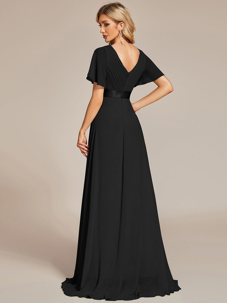 Long Chiffon Empire Waist Bridesmaid Dress with Short Flutter Sleeves #color_Black