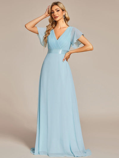 Long Chiffon Empire Waist Bridesmaid Dress with Short Flutter Sleeves #color_Sky Blue