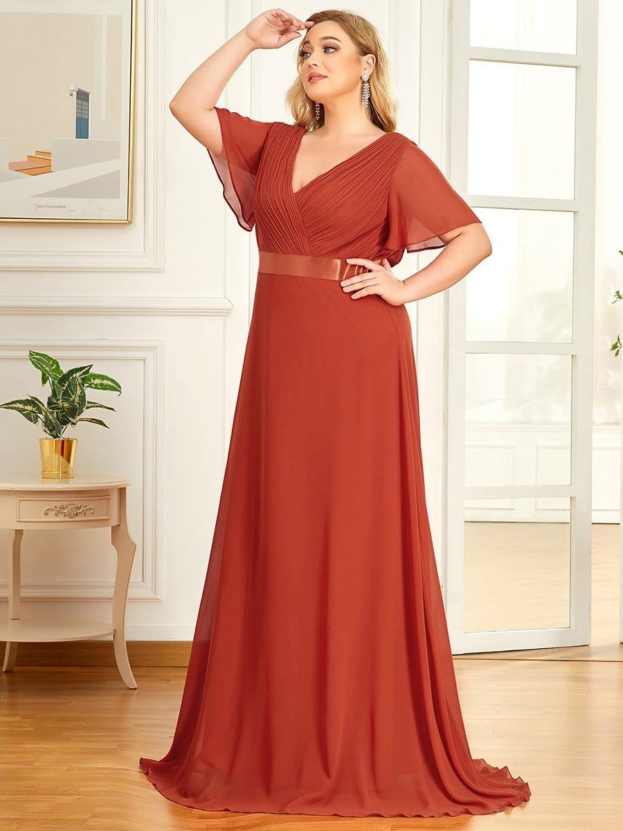 Long Chiffon Empire Waist Bridesmaid Dress with Short Flutter Sleeves #color_Burnt Orange