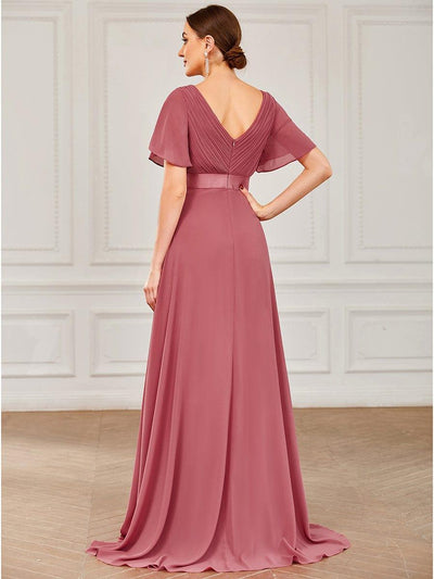 Long Chiffon Empire Waist Bridesmaid Dress with Short Flutter Sleeves #color_Cameo Brown